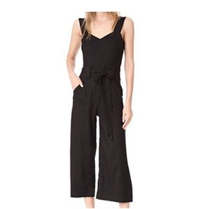 Linen blend cropped wide leg jumpsuit with matching belt and pockets